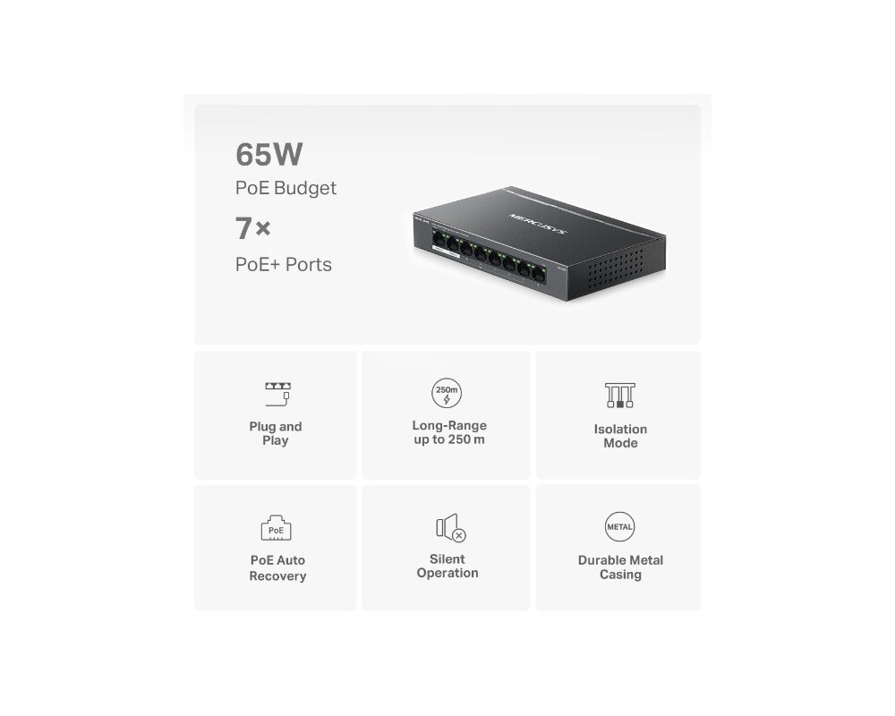 Switch (Комутатор) Mercusys MS108GP със 7 PoE+ порта 4 Switch (Комутатор) Mercusys MS108GP със 7 PoE+ порта 4
