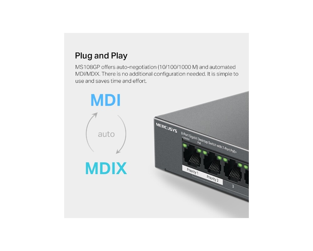 Switch (Комутатор) Mercusys MS108GP със 7 PoE+ порта 9 Switch (Комутатор) Mercusys MS108GP със 7 PoE+ порта 9