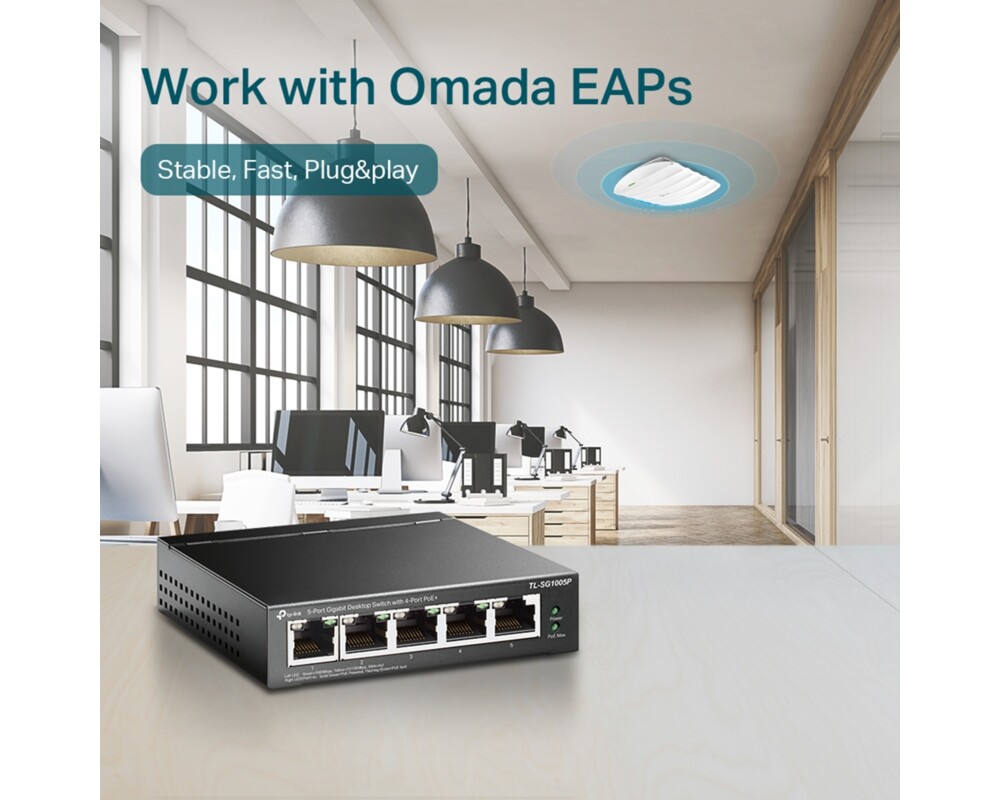 Switch (Комутатор) 5-портов гигабитов настолен комутатор с 4-порта PoE+ 2 TL-SG1005P 14 Switch (Комутатор) 5-портов гигабитов настолен комутатор с 4-порта PoE+ 2 TL-SG1005P 14